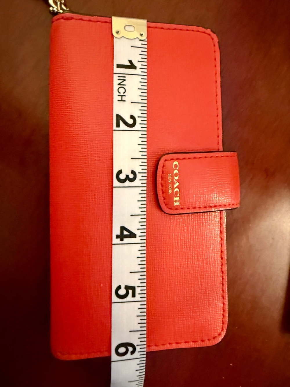 Coach Coral-Red Saffiano Leather Zip Wristlet Phone Wallet